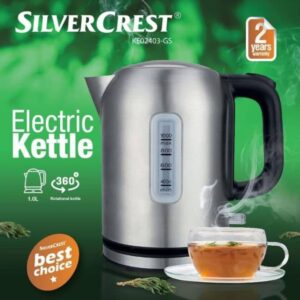 Bouilloire Électrique SilverCrest KE02403-GS – 1L, Inox, 360°, Compacte et Rapide