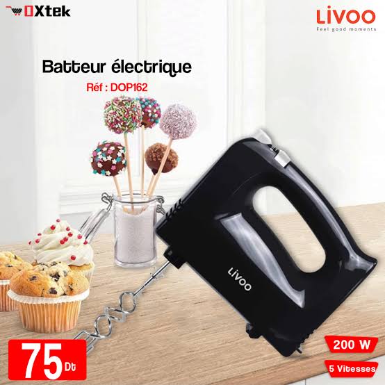 Batteur Électrique Livoo – 5 Vitesses + Crochets Pétrisseurs & Fouets Inox